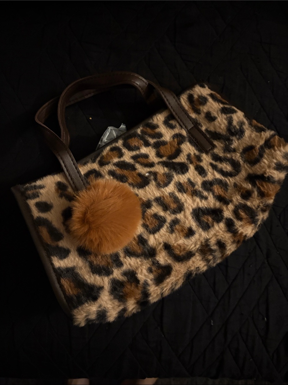 Leopard Print Faux Fur Tote Bag with Pom Charm - Brown